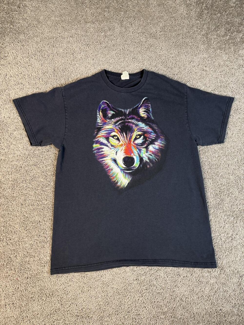 Vintage Wolf Shirt Mens L Black Multicolor Wolf Head Graphic Crew Neck Cotton
